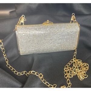 Judith Leiber Crystal Tube Minaudière Rhinestone Clutch Gold Chain Vintage Y2K